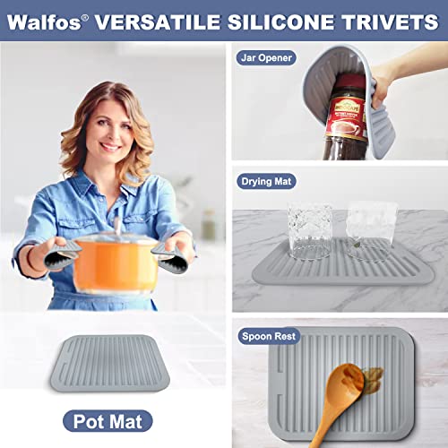 Walfos Silicone Trivets for Hot Pots and Pans - Heat Resistant Hot Pads for Kitchen Counter- 4 Pcs Multi-Purpose & Versatile Trivet Mat - Durable & Flexible Silicone Hot Pad（Gray）