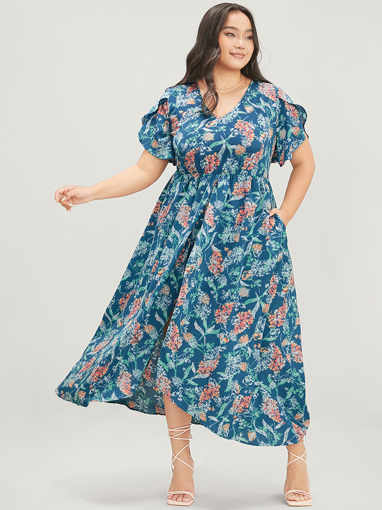 Floral Petal Sleeve Pocket Undershort Ruffle Split Dress                              icon_share@2x
