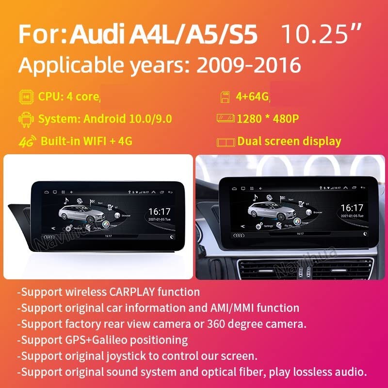 Car Craft A4 Android Player DVD Compatible with Audi A4 Android Player DVD A4 2009-2016 8 Core 4+64gb with 4g Ngt4.5 10.25inch HIGH Model