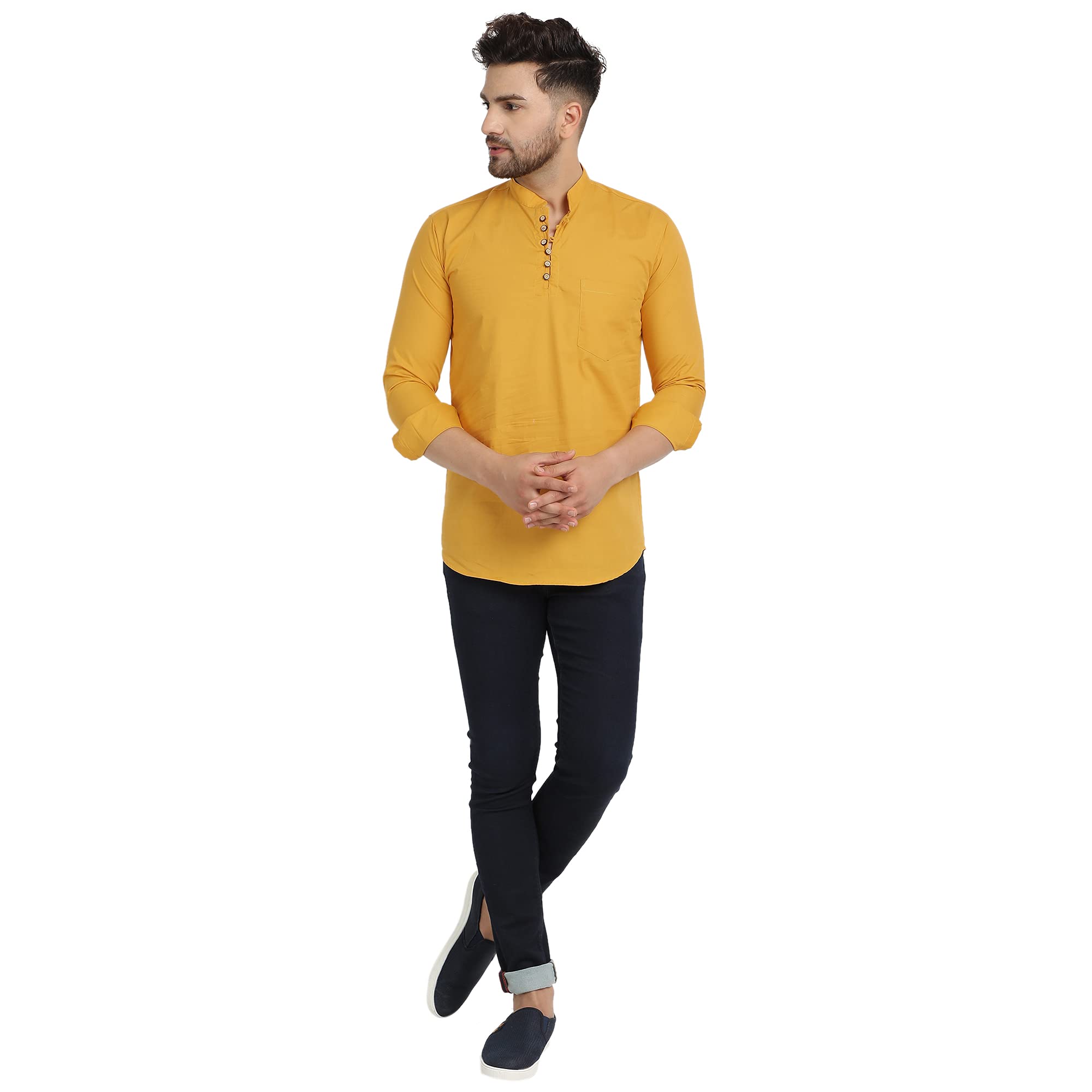 Majestic Man Cotton Solid Casual Short Kurta for Men (Mustard,XL)