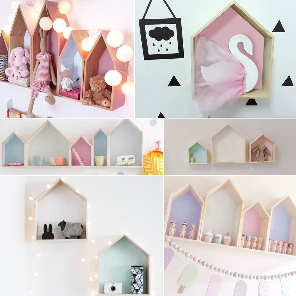Samber Lovely Wooden House-shaped Wall Storage Shelf Children's Room Storage Rack Wall Mount Floating Shelves Storage Box Kids Room Wall Shelf Display Hanging Shelf Nursery Room Decor/White