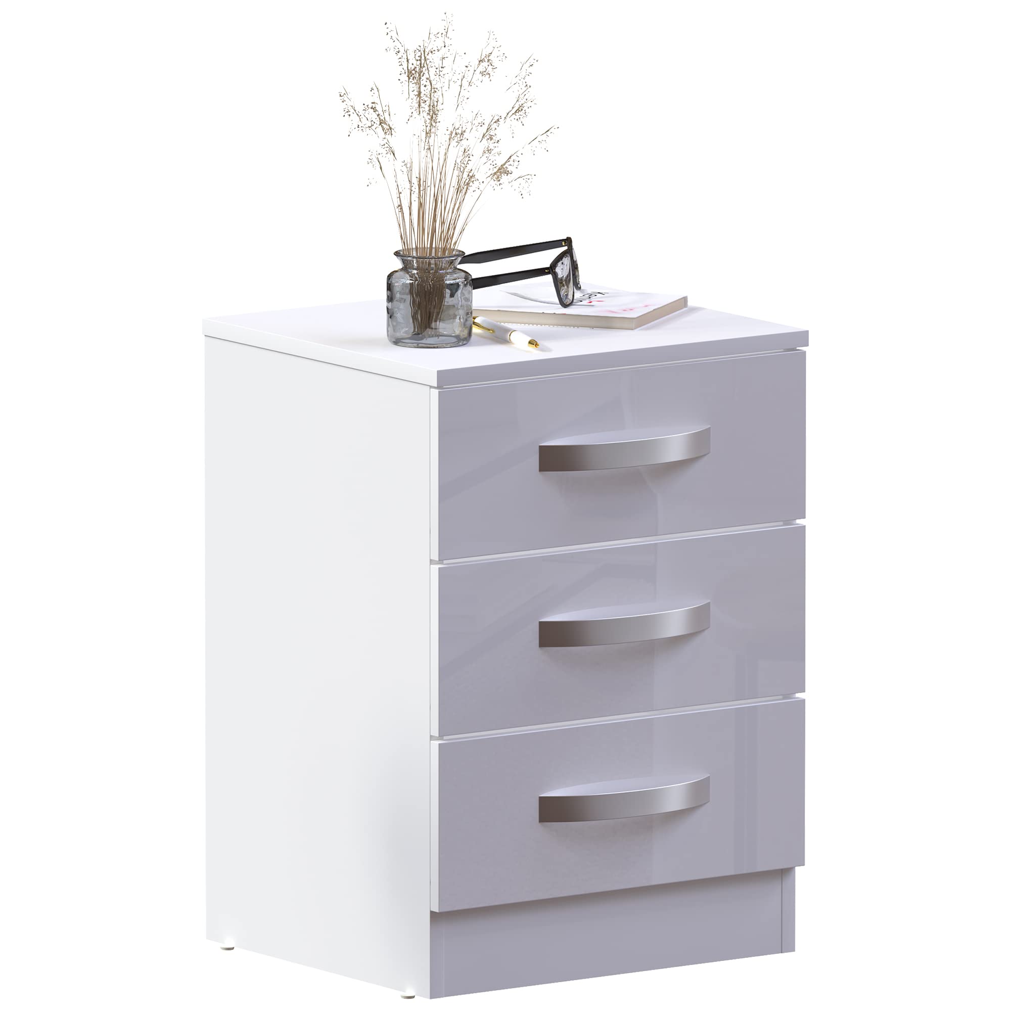 Amazon Brand - Movian High Gloss 3 Drawer Bedside Rectangular Nightstand Cabinet, White, 36 cm D x 40 cm W x 56 cm H