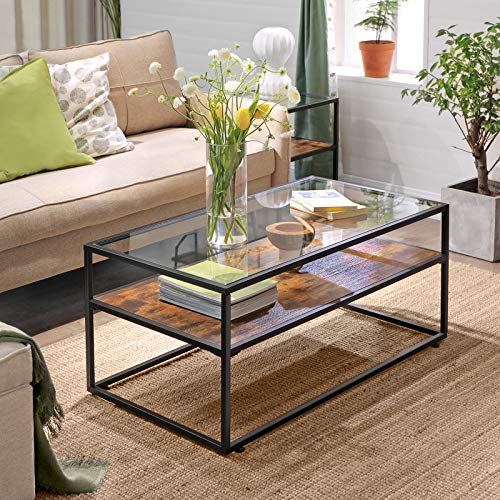 VASAGLE GLATAL Glass Coffee Table with Storage, Cocktail Table with Tempered Glass Top, Steel Frame, for Living Room, Rustic Brown and Black ULCT30BX