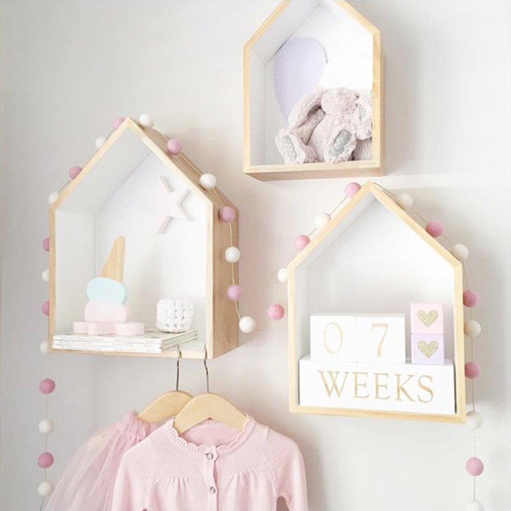 Samber Lovely Wooden House-shaped Wall Storage Shelf Children's Room Storage Rack Wall Mount Floating Shelves Storage Box Kids Room Wall Shelf Display Hanging Shelf Nursery Room Decor/White