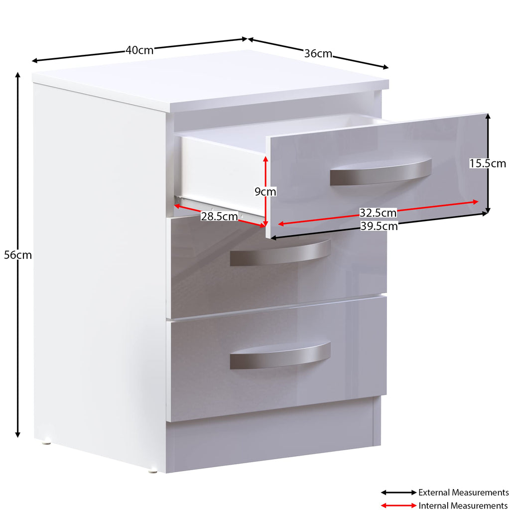 Amazon Brand - Movian High Gloss 3 Drawer Bedside Rectangular Nightstand Cabinet, White, 36 cm D x 40 cm W x 56 cm H