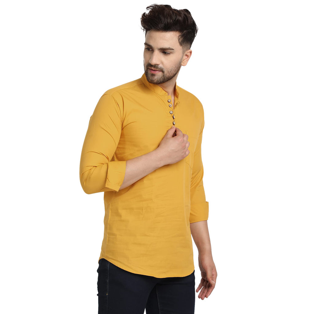 Majestic Man Cotton Solid Casual Short Kurta for Men (Mustard,XL)