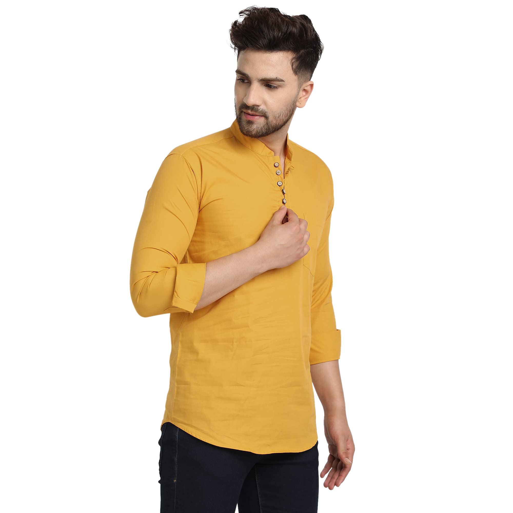 Majestic Man Cotton Solid Casual Short Kurta for Men (Mustard,XL)