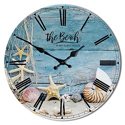 Funny Beach Bathroom Decor Silent Wall Clock Non Ticking Seashells Sea Themed Bathroom Decor Wall Art - The Beach is My Happy Place to Be - 12 inch Bathroom Wall Clocks Battery Operated