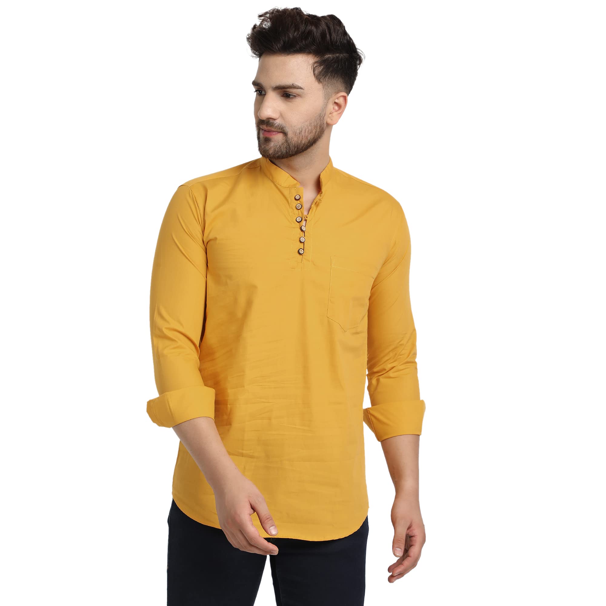 Majestic Man Cotton Solid Casual Short Kurta for Men (Mustard,XL)