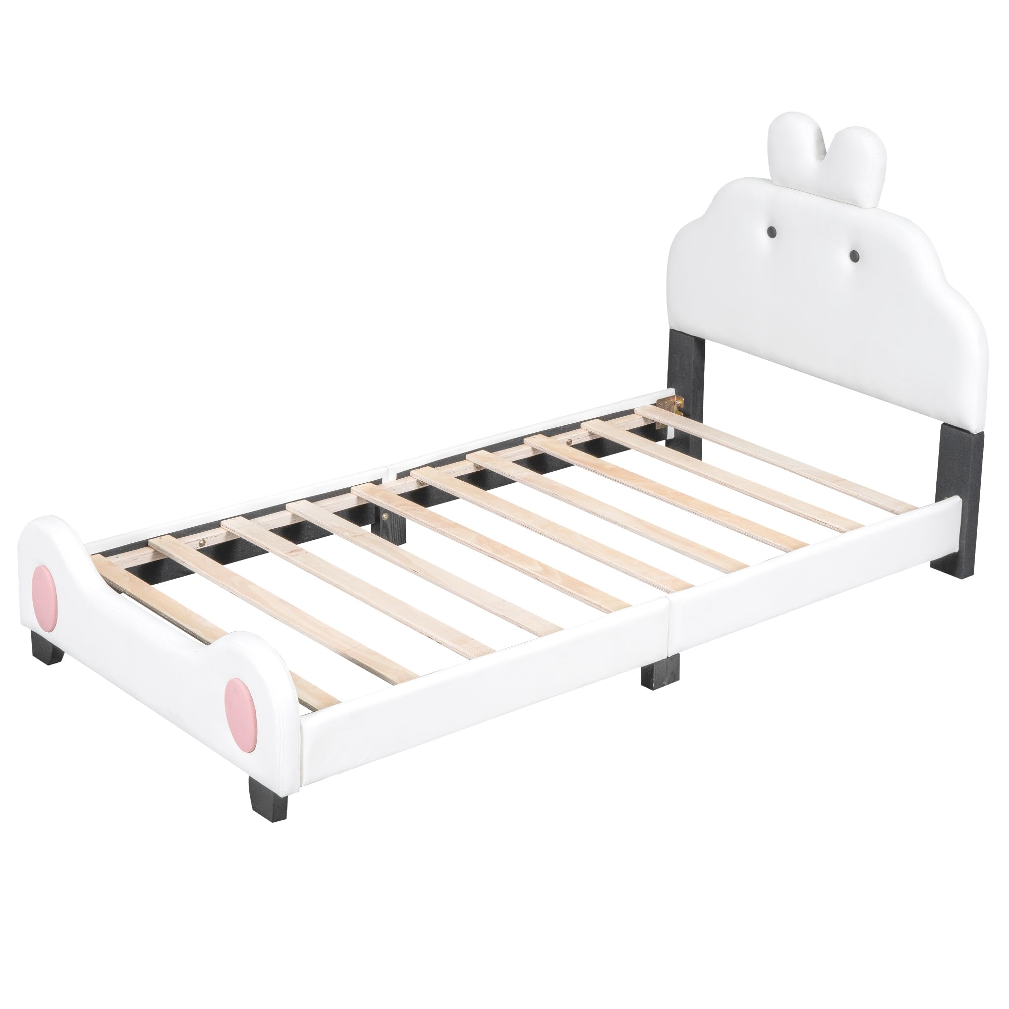 Lostcat Twin Size Princess Bed with Cartoon Headboard and Footboard,Toddler Upholstered Platform Bed with Slatted Bed Base, PU Leather Upholstered Platform Bed Frame, No Box Spring Needed, White+Pink