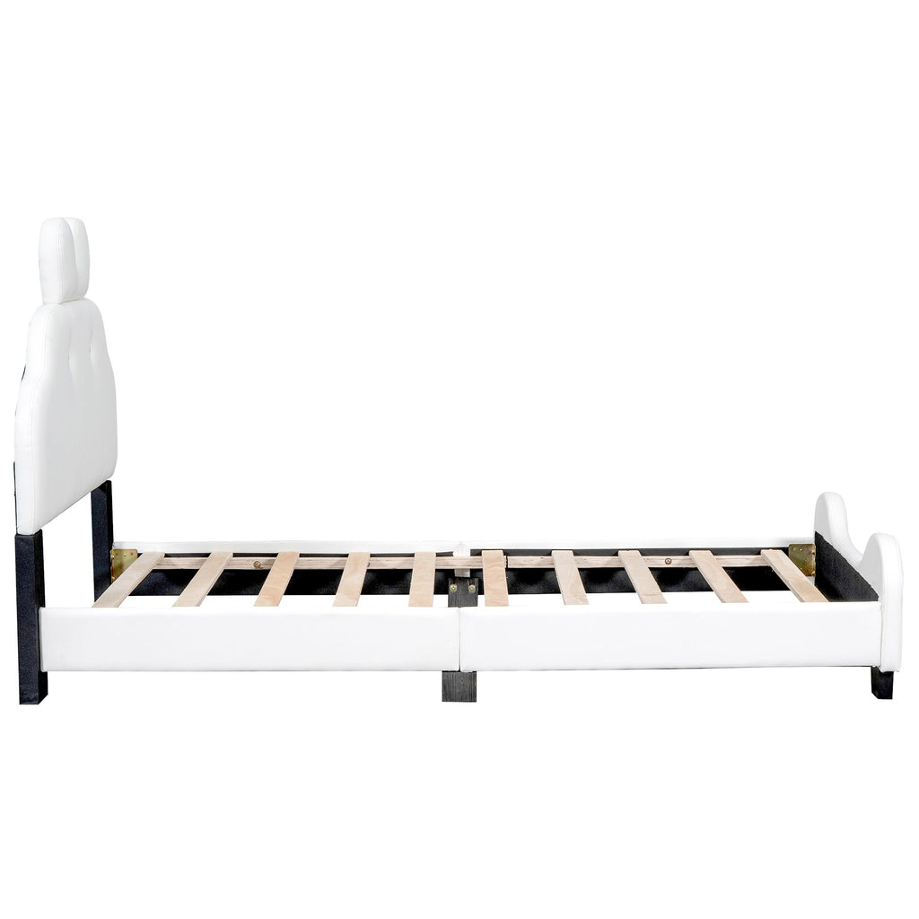 Lostcat Twin Size Princess Bed with Cartoon Headboard and Footboard,Toddler Upholstered Platform Bed with Slatted Bed Base, PU Leather Upholstered Platform Bed Frame, No Box Spring Needed, White+Pink