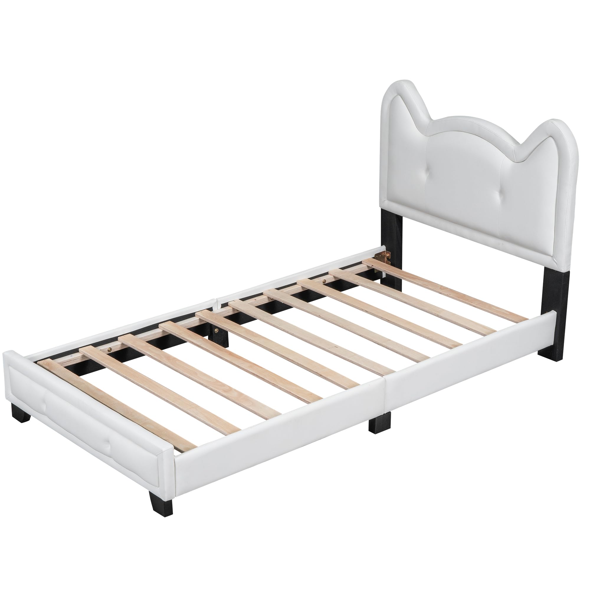 Lostcat Twin Size Upholstered Carton Ears-Shape Princess Bed with Headboard and Footboard, Cute Twin Size Platform Bed Frame, Twin Size Kids Bed Frame for Boys Girls, No Box Spring Needed, White