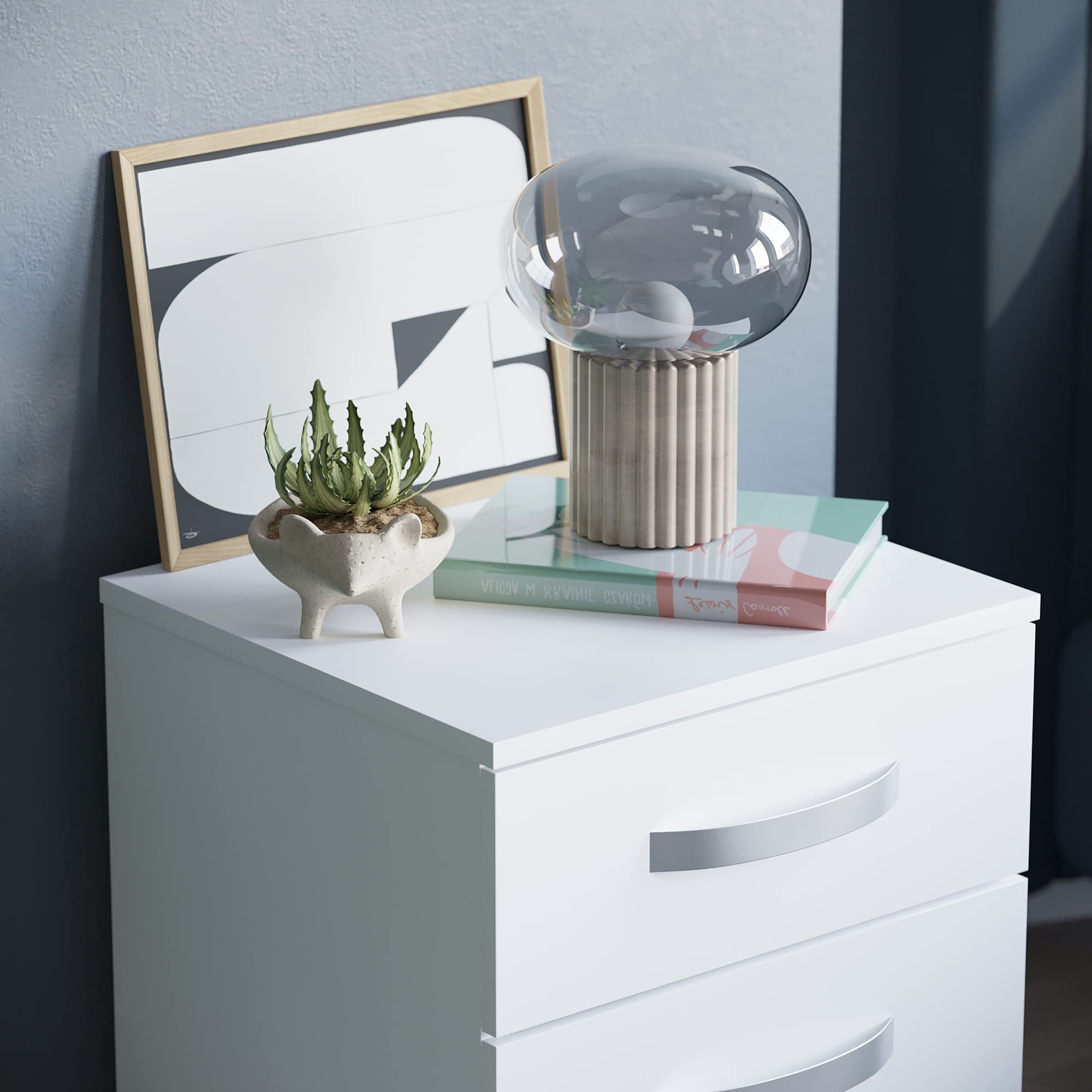 Amazon Brand - Movian High Gloss 3 Drawer Bedside Rectangular Nightstand Cabinet, White, 36 cm D x 40 cm W x 56 cm H
