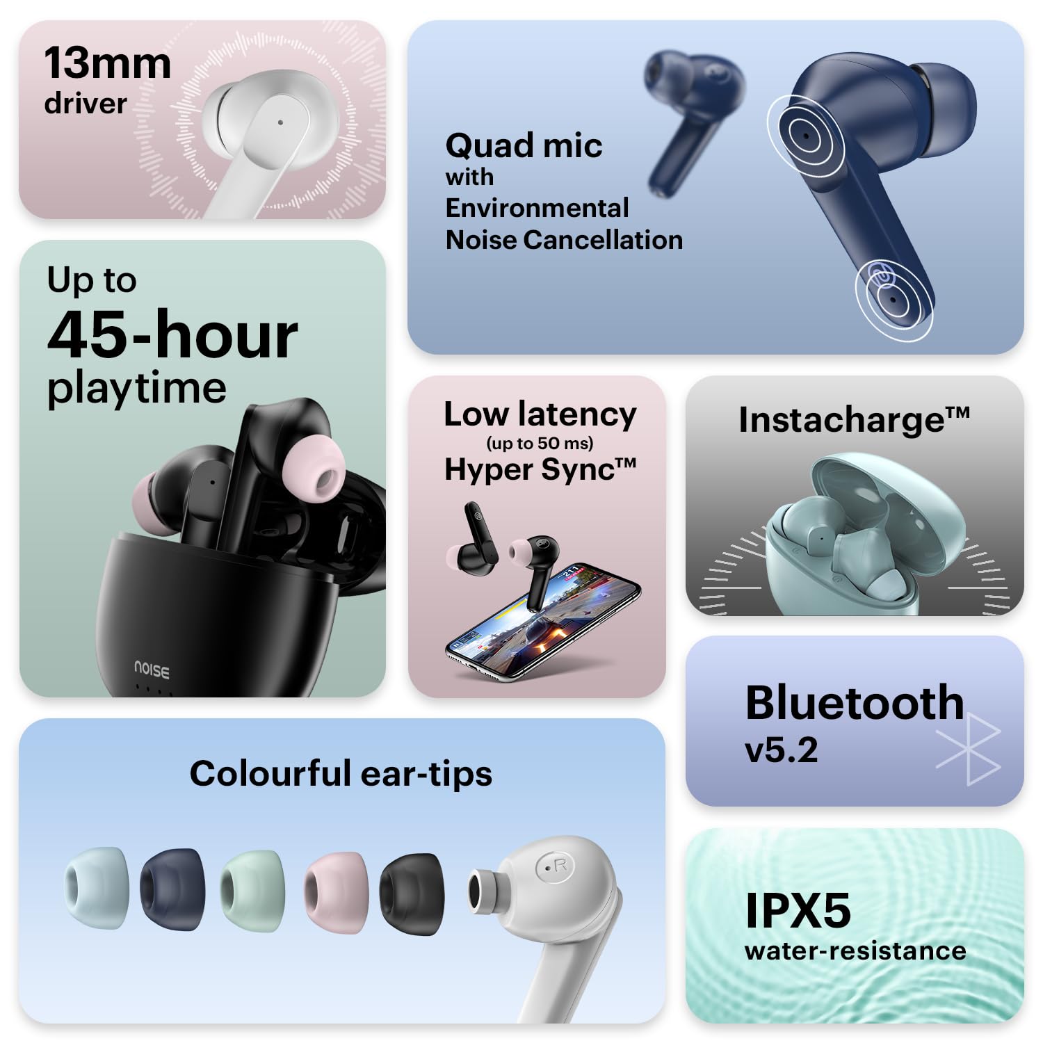 Noise Buds VS104 Truly Wireless Earbuds with 45H of Playtime, Quad Mic with ENC, Instacharge(10 min=200 min), 13mm Driver,Low Latency, BT v5.2 (Mint Green)