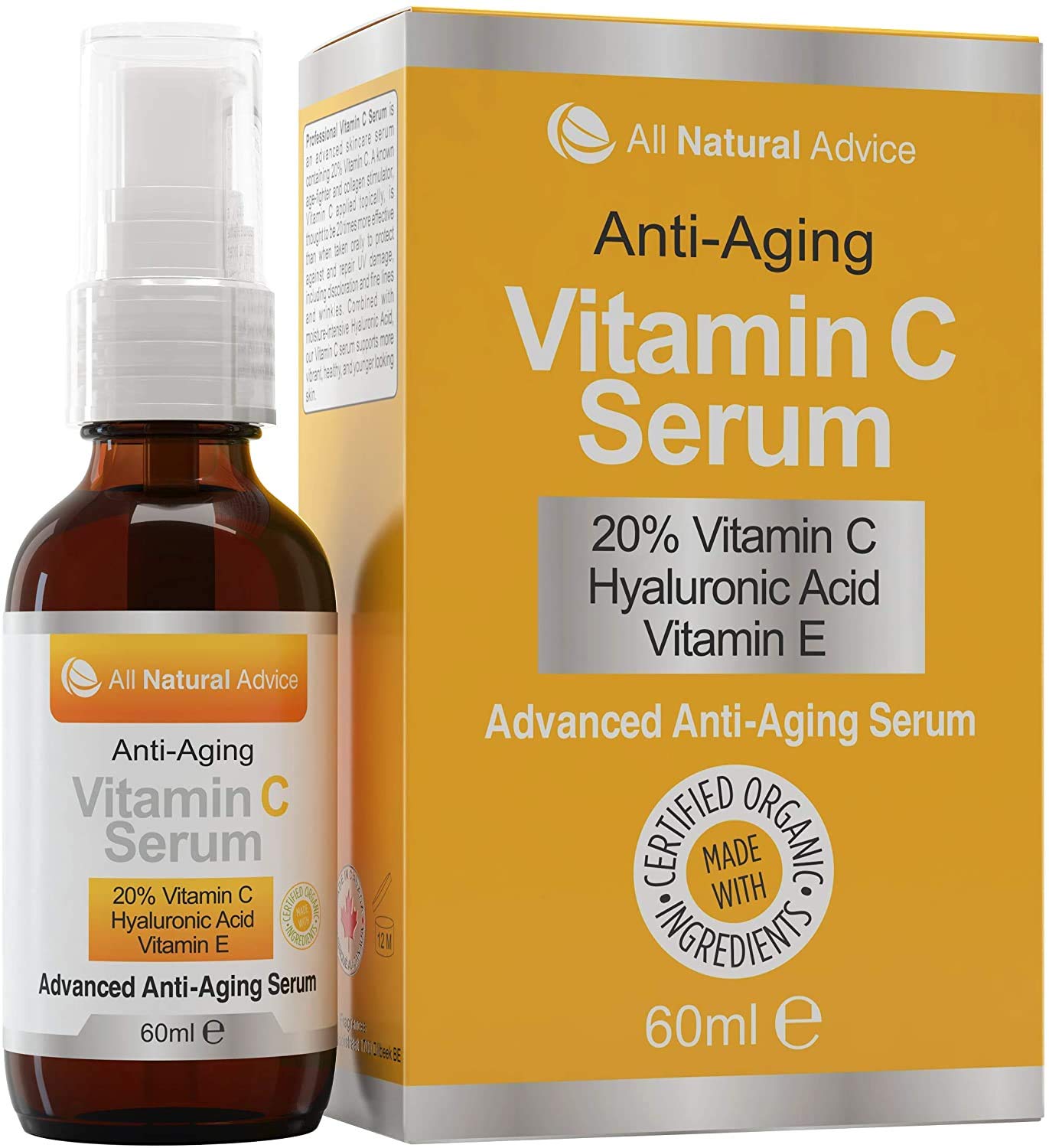 20% Serum z witaminą C - 60 ml / 2 oz Wyprodukowane w Kanadzie – certyfikowane składniki organiczne + 11% kwas hialuronowy + krem nawilżający z witaminą E + formuła przeciwzmarszczkowa, idealne dla Twojej skóry + zawiera pompkę i podajnik