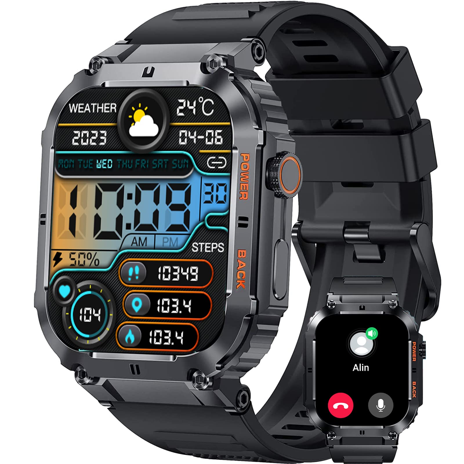 KACLUT Smart Watch,2-inch Utral Large HD Display,100M Waterproof Rugged Military Smartwatch with Bluetooth Call(Answer/Dial Calls) 70 Days Extra Long Battery Life,100+ Sports Modes Fitness Tracker