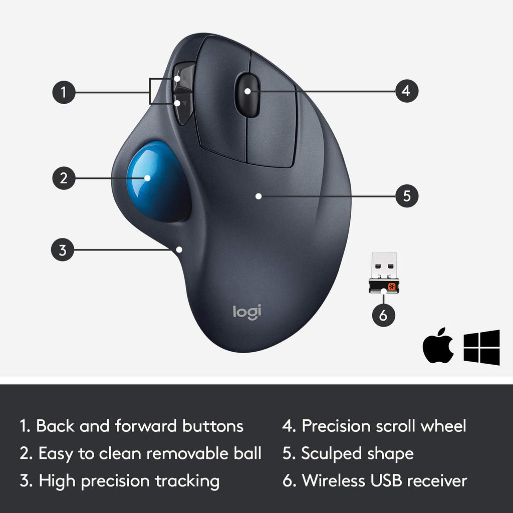 Logitech M570 Wireless Trackball Mouse – Ergonomic Design with Sculpted Right-Hand Shape, Compatible with Apple Mac and Microsoft Windows Computers, USB Unifying Receiver, Dark Gray