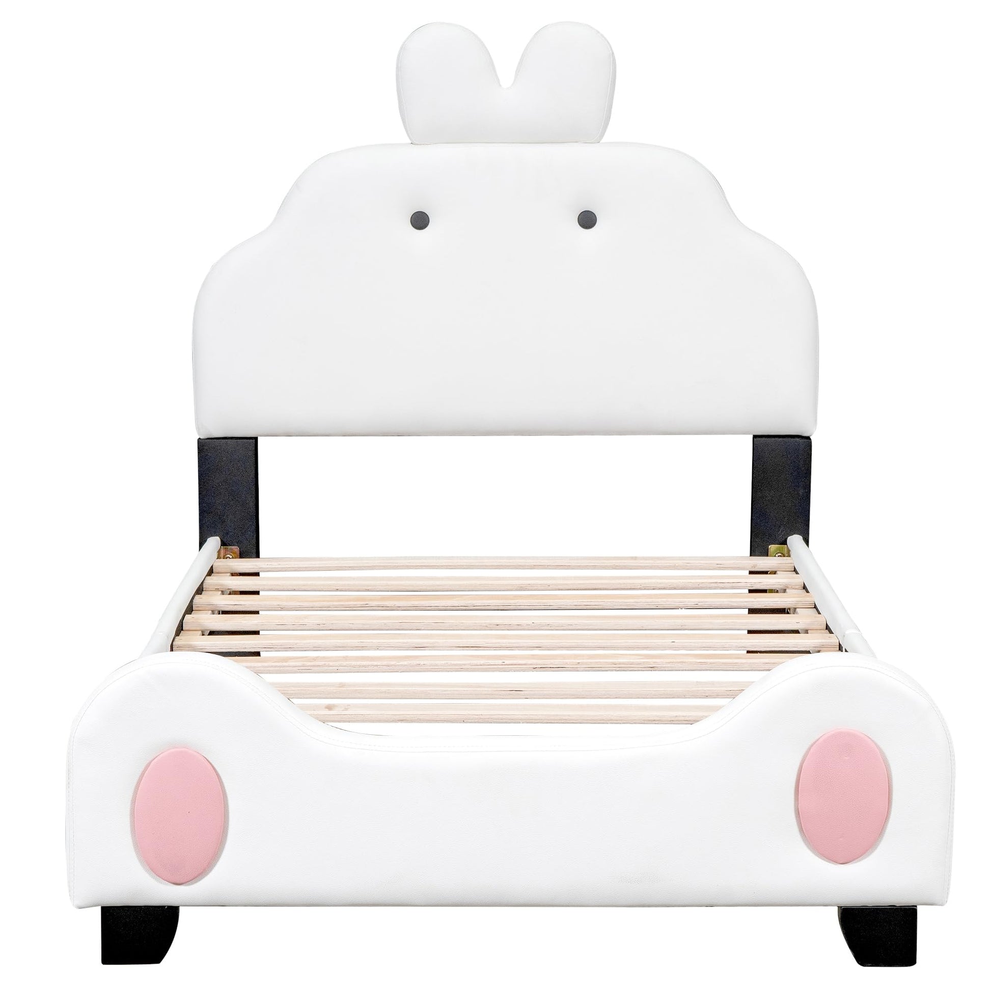 Lostcat Twin Size Princess Bed with Cartoon Headboard and Footboard,Toddler Upholstered Platform Bed with Slatted Bed Base, PU Leather Upholstered Platform Bed Frame, No Box Spring Needed, White+Pink