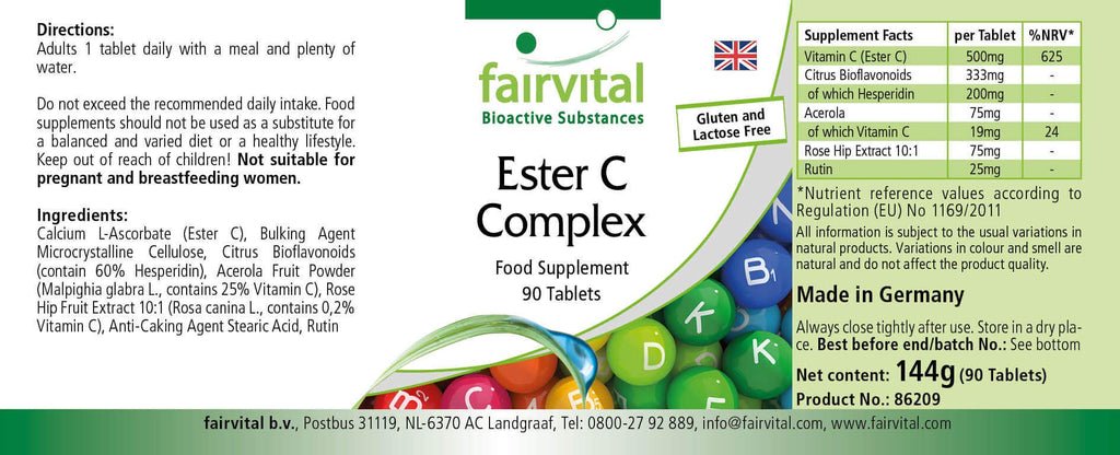 Ester C 500mg - kompleks witaminy C z bioflawonoidami - WYSOKA DAWKA & VEGAN - buforowana witamina C - 90 tabletek - przyjazny dla żołądka