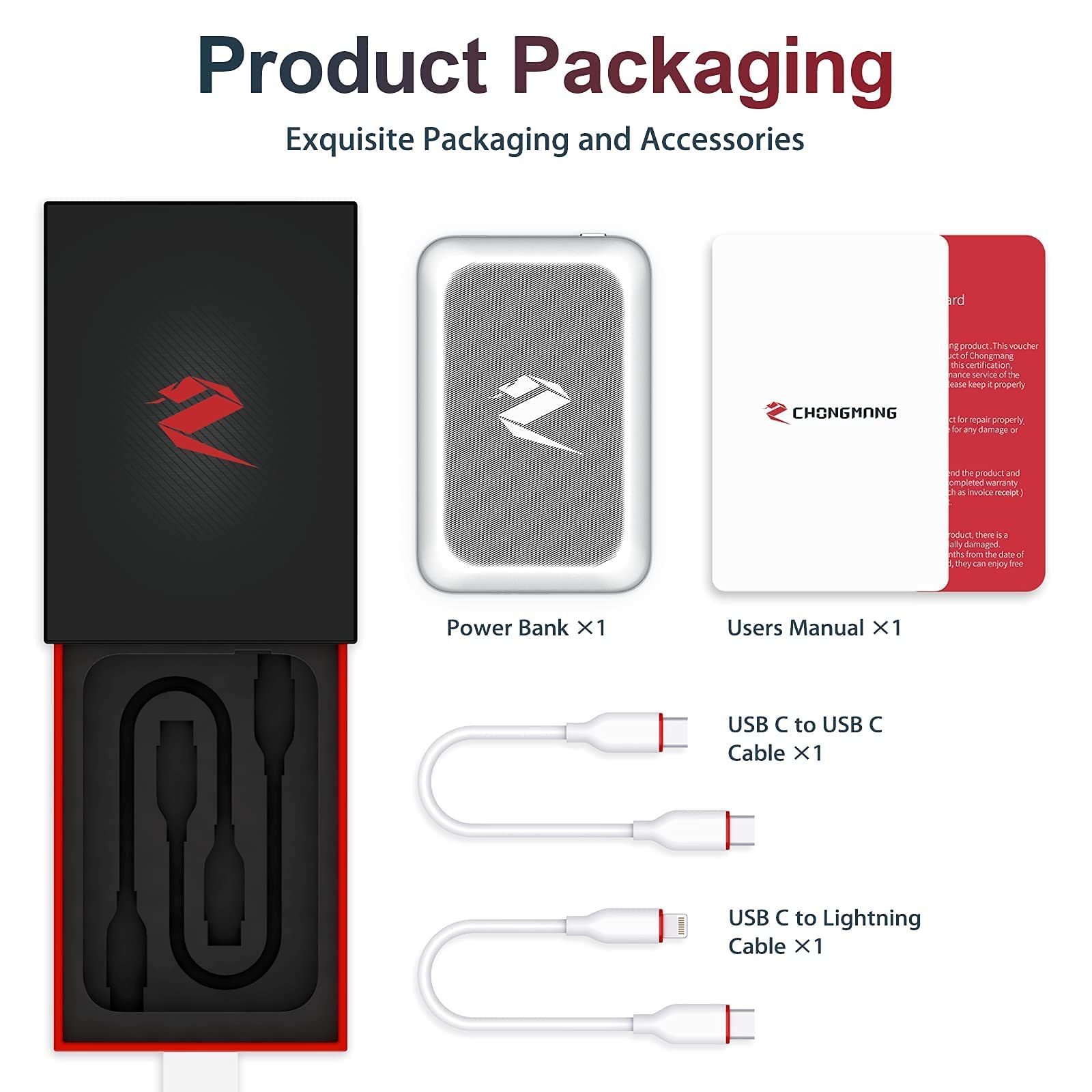CHONGMANG Magnetic Power Bank, Wireless Portable Charger with USB-C and Lightning Cable, Compatible for iPhone 13, 13 Pro, 13 Pro Max, 13 Mini, iPhone 12, 12 Pro, 12 Pro Max, 12 Mini (Silver)
