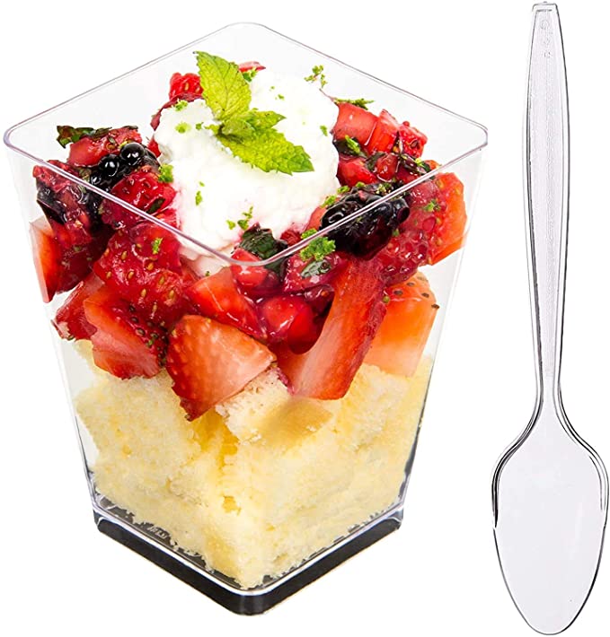 DLux 100 x 5 oz Mini Dessert Cups with Spoons, Square Large - Clear Plastic Parfait Appetizer Cup
