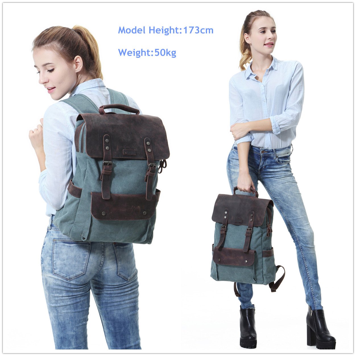 Vintage Backpack for Women and Men, Vaschy Soft Leather Backpack Canvas Ergonomic Dayckpack Fashion School Rucksack fits 15.6 inch Laptop Green