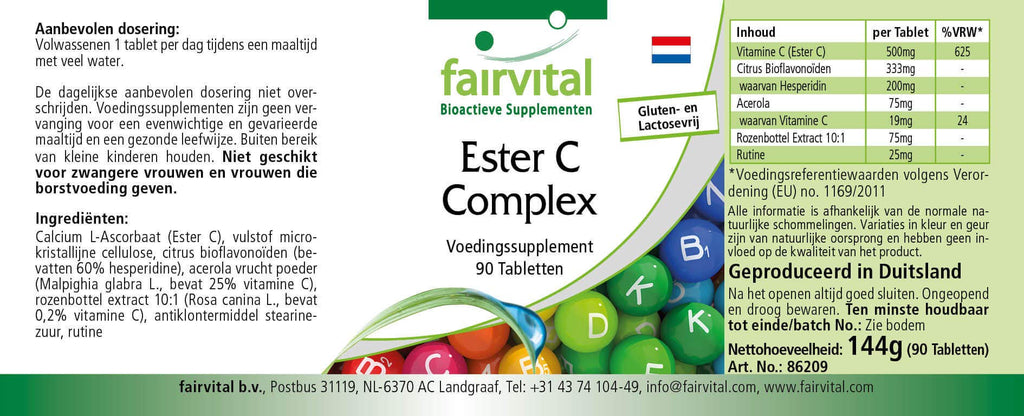Ester C 500mg - kompleks witaminy C z bioflawonoidami - WYSOKA DAWKA & VEGAN - buforowana witamina C - 90 tabletek - przyjazny dla żołądka