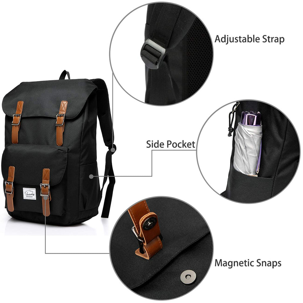 School Backpack,Vaschy Vintage Casual Daypack for Men and Women Lightweight Camping Rucksack Bookbag with15.6in Laptop Sleeve Black