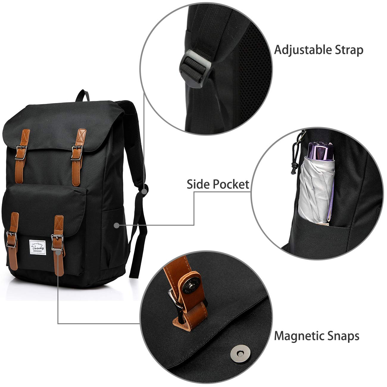 School Backpack,Vaschy Vintage Casual Daypack for Men and Women Lightweight Camping Rucksack Bookbag with15.6in Laptop Sleeve Black