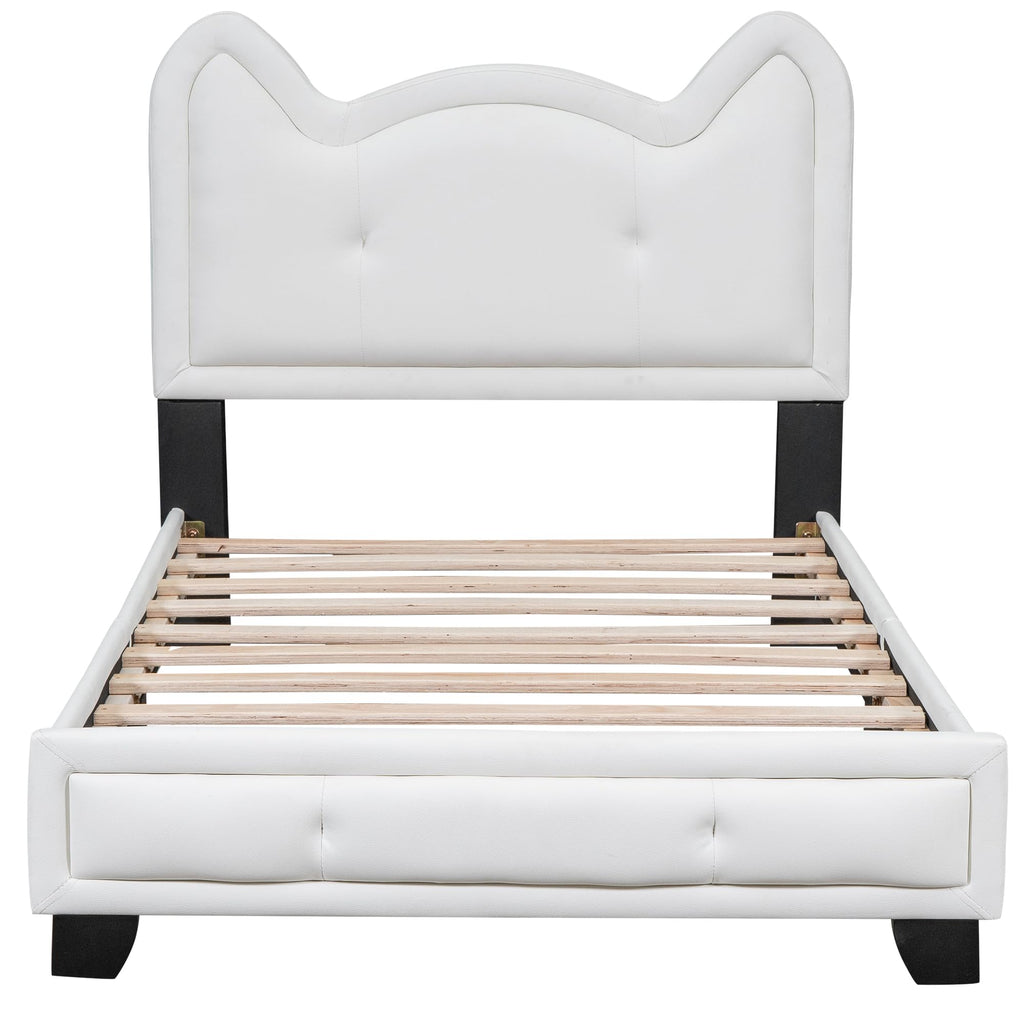 Lostcat Twin Size Upholstered Carton Ears-Shape Princess Bed with Headboard and Footboard, Cute Twin Size Platform Bed Frame, Twin Size Kids Bed Frame for Boys Girls, No Box Spring Needed, White