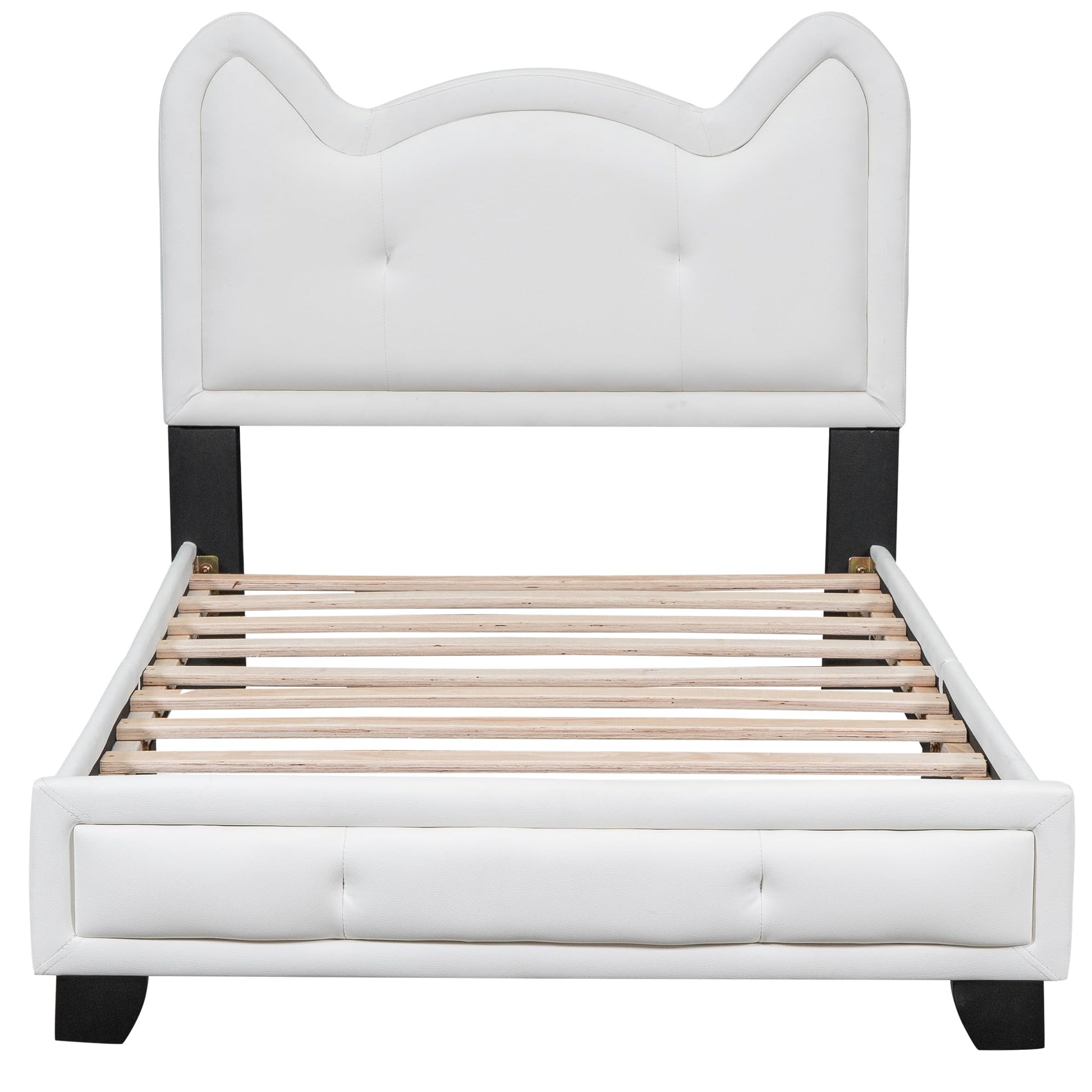 Lostcat Twin Size Upholstered Carton Ears-Shape Princess Bed with Headboard and Footboard, Cute Twin Size Platform Bed Frame, Twin Size Kids Bed Frame for Boys Girls, No Box Spring Needed, White