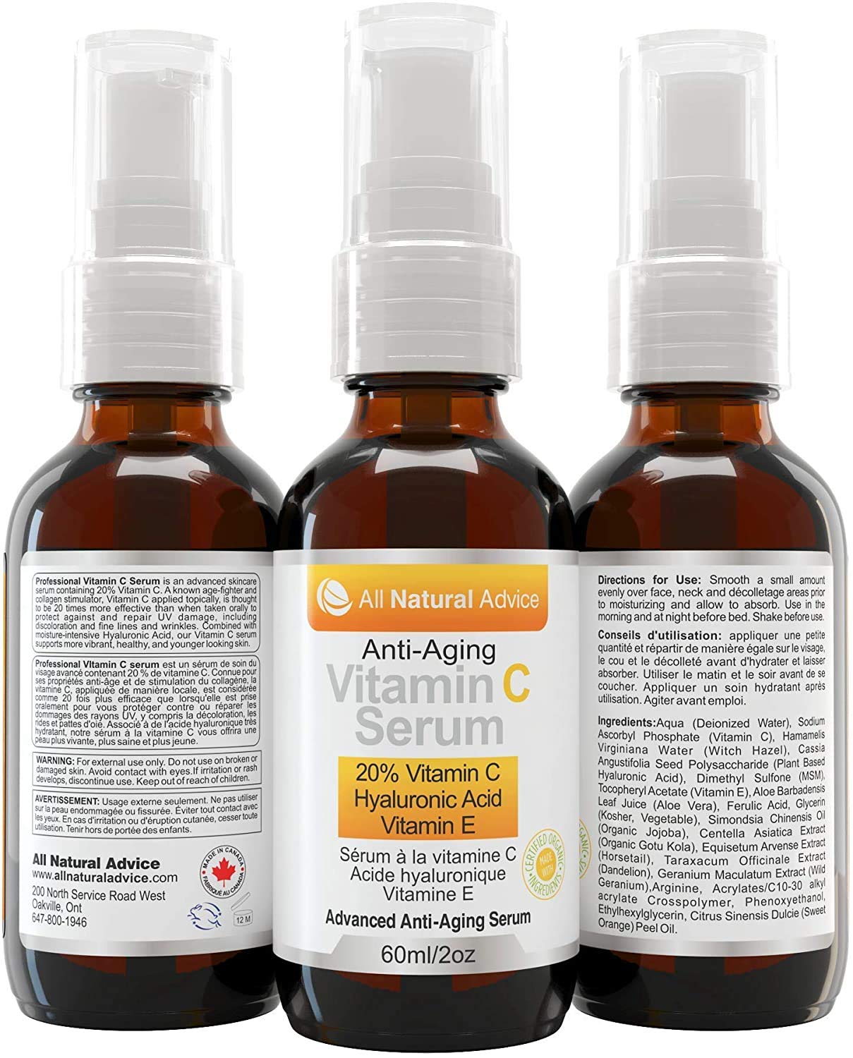 20% Serum z witaminą C - 60 ml / 2 oz Wyprodukowane w Kanadzie – certyfikowane składniki organiczne + 11% kwas hialuronowy + krem nawilżający z witaminą E + formuła przeciwzmarszczkowa, idealne dla Twojej skóry + zawiera pompkę i podajnik