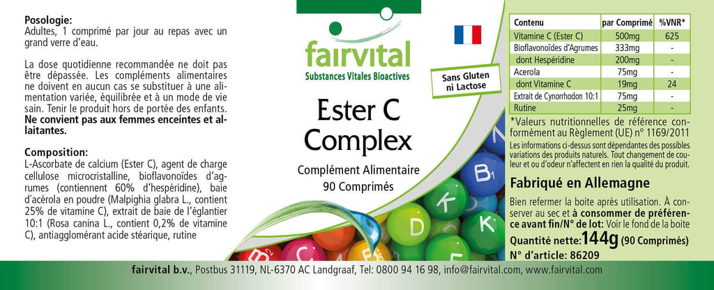 Ester C 500mg - kompleks witaminy C z bioflawonoidami - WYSOKA DAWKA & VEGAN - buforowana witamina C - 90 tabletek - przyjazny dla żołądka