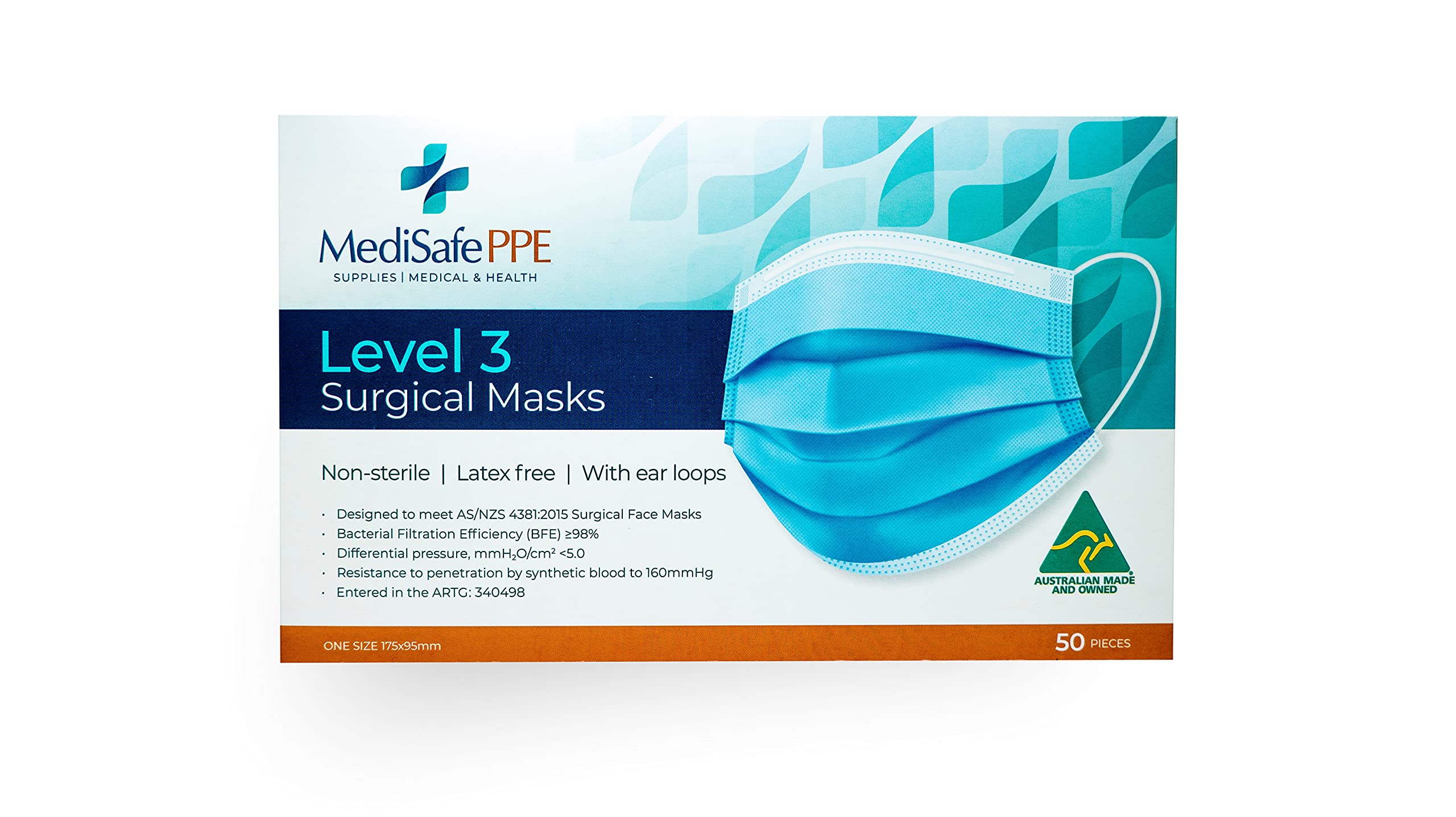 Level 3 Surgical Face Mask - Medical Grade - Australian Made - Ear loop - 50 Pack - TGA Registered - Superior Protection & Comfort
