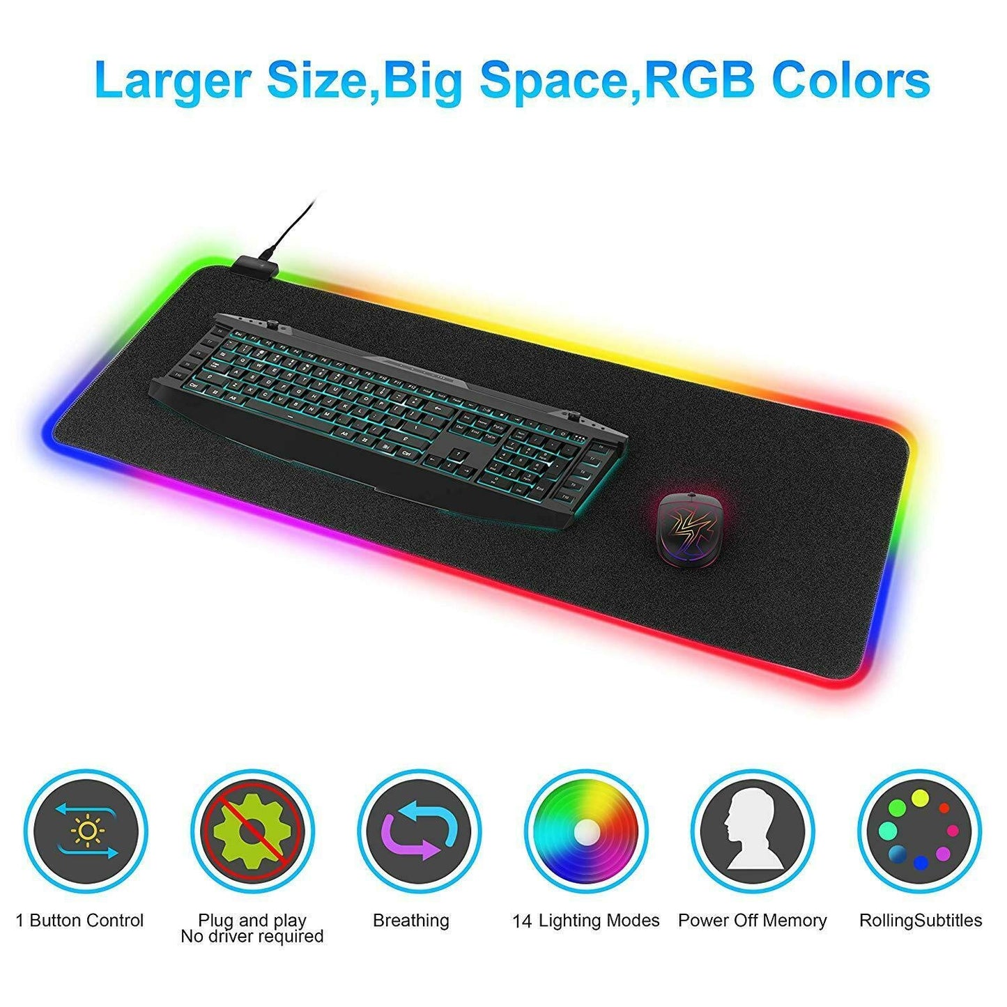 TKOOFN Large RGB Colorful LED Light Keyboard Mat Game Playing Mouse Pad for PC Laptop 80x30x0.4cm