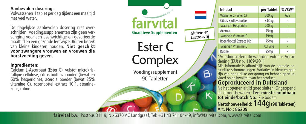 Ester C 500mg - kompleks witaminy C z bioflawonoidami - WYSOKA DAWKA & VEGAN - buforowana witamina C - 90 tabletek - przyjazny dla żołądka