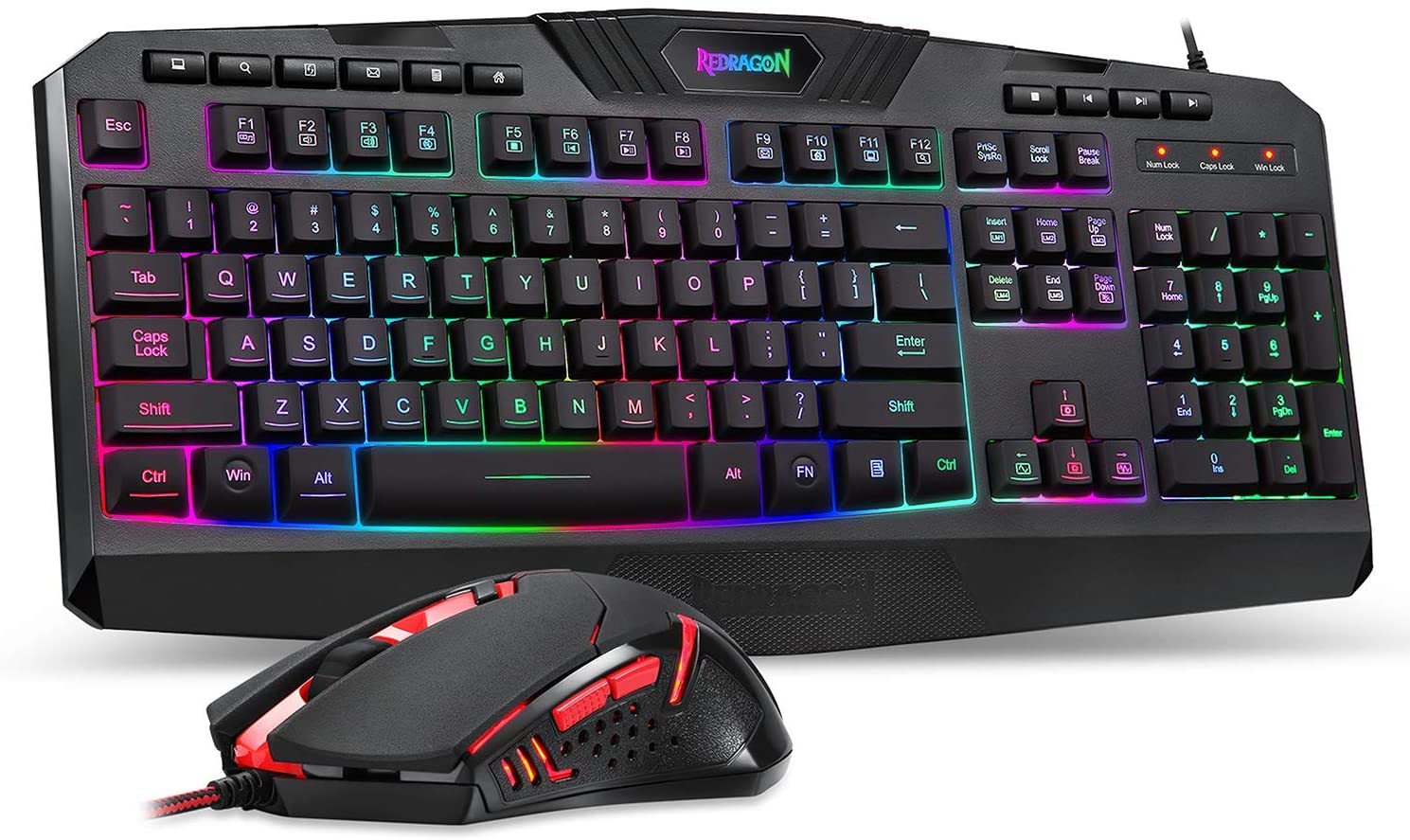 Redragon S101 Wired Gaming Keyboard and Mouse Combo RGB Backlit Gaming Keyboard with Multimedia Keys Wrist Rest and Red Backlit Gaming Mouse 3200 DPI for Windows PC Gamers
