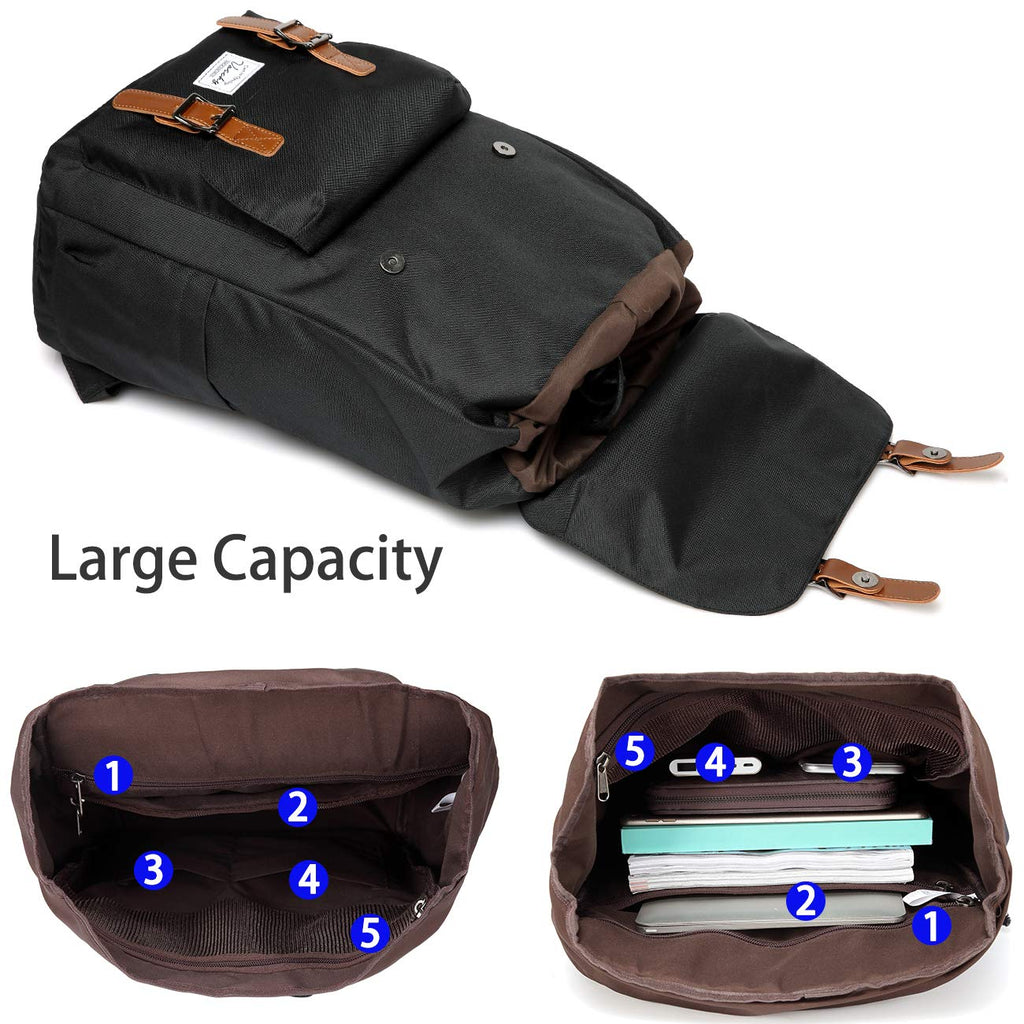 School Backpack,Vaschy Vintage Casual Daypack for Men and Women Lightweight Camping Rucksack Bookbag with15.6in Laptop Sleeve Black