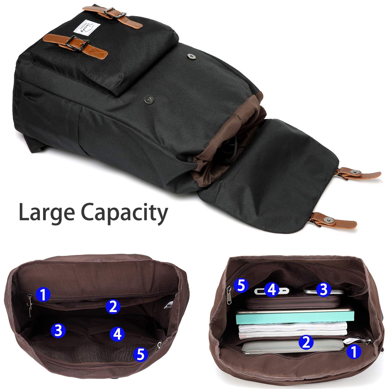 School Backpack,Vaschy Vintage Casual Daypack for Men and Women Lightweight Camping Rucksack Bookbag with15.6in Laptop Sleeve Black