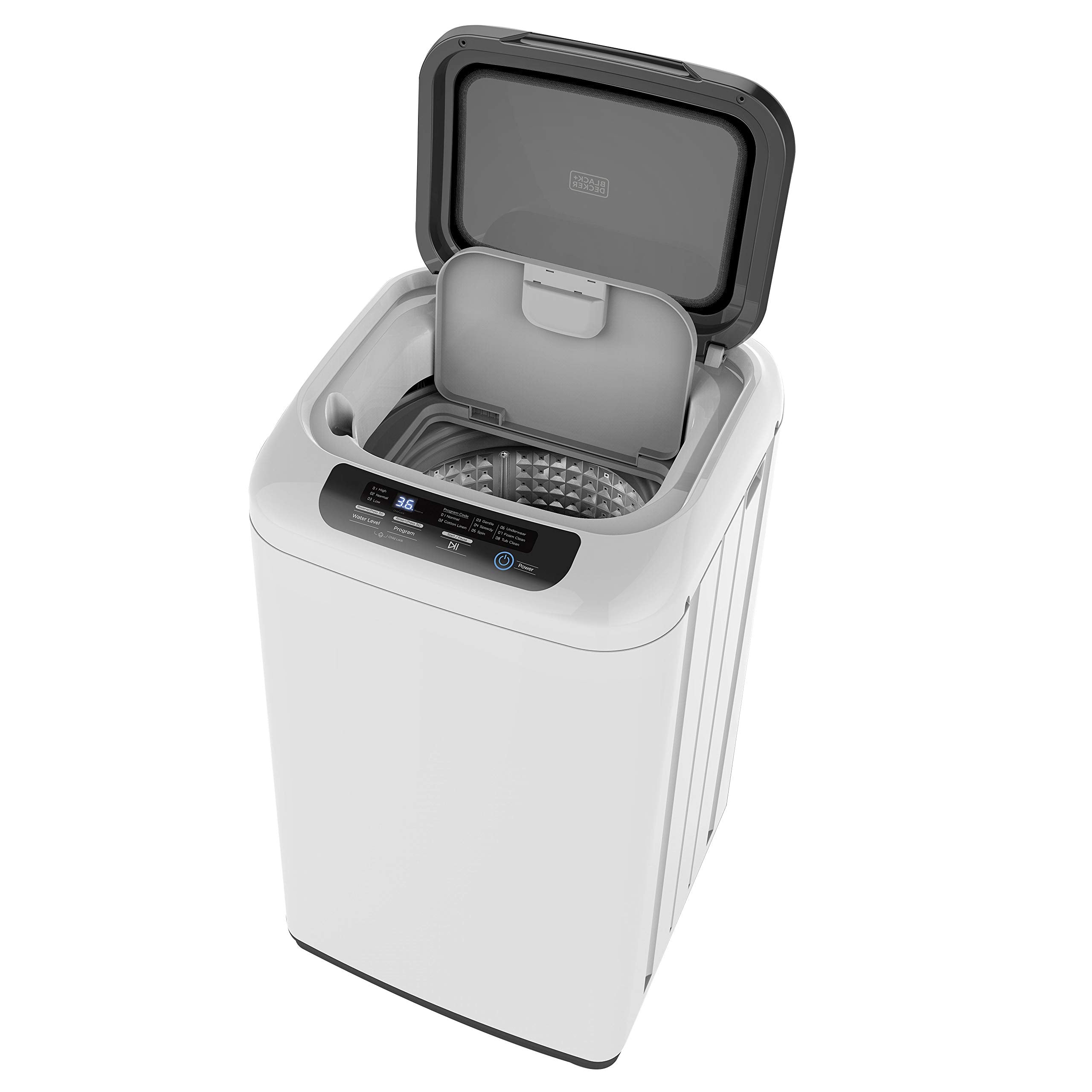 BLACK+DECKER Small Portable Washer, Washing Machine for Household Use, Portable Washer 0.84 Cu. Ft. with 8 Cycles, Transparent Lid & LED Display