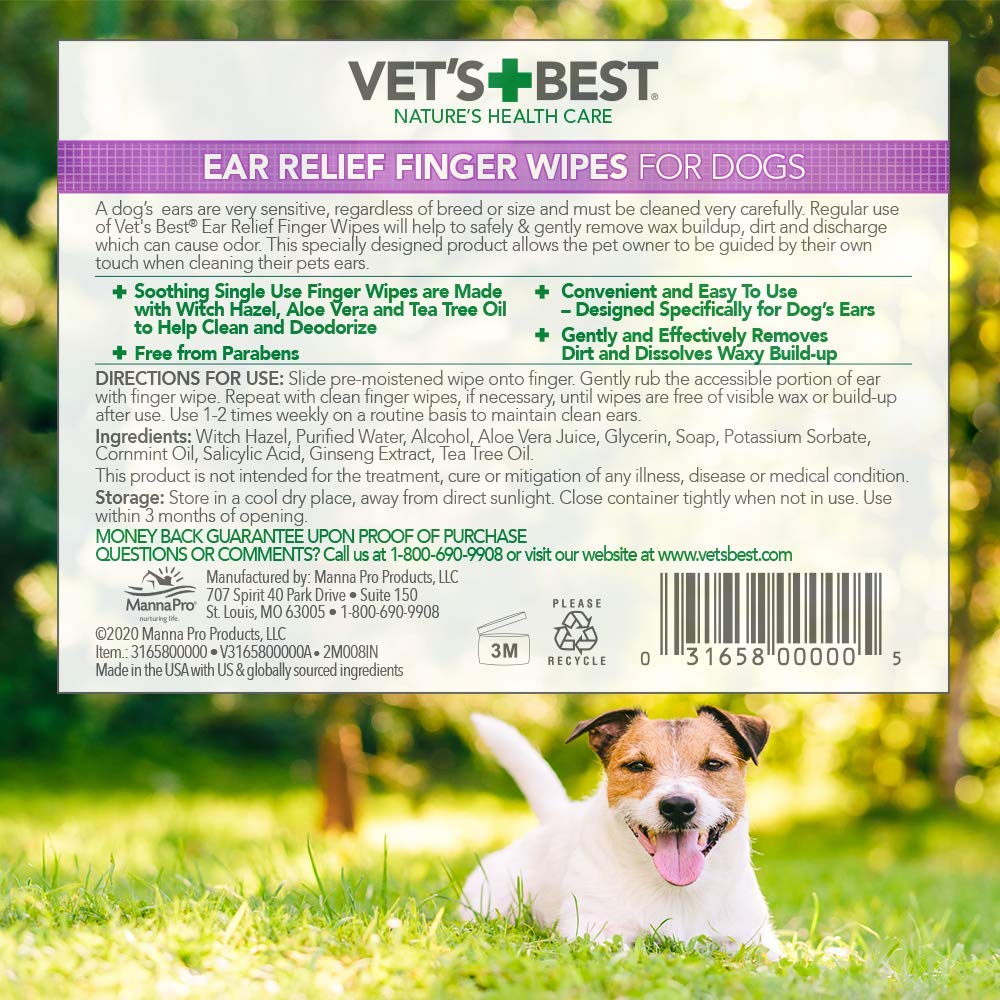 Vet's Best Ear Relief Finger Wipes | Ear Cleansing Finger Wipes for Dogs | Sooths & Deodorizes | 50 Disposable Wipes