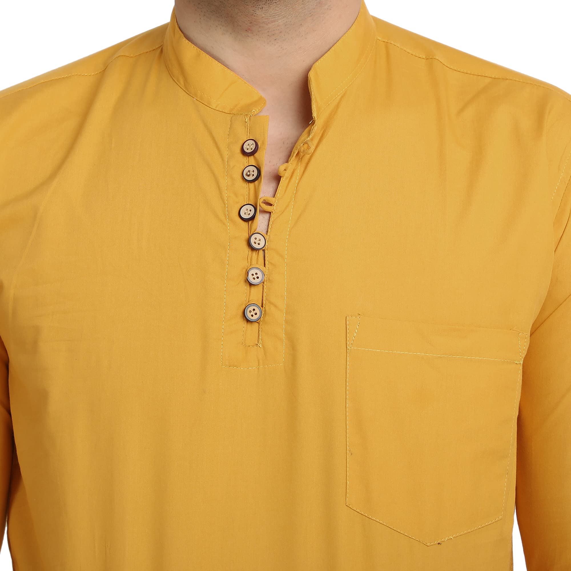 Majestic Man Cotton Solid Casual Short Kurta for Men (Mustard,XL)