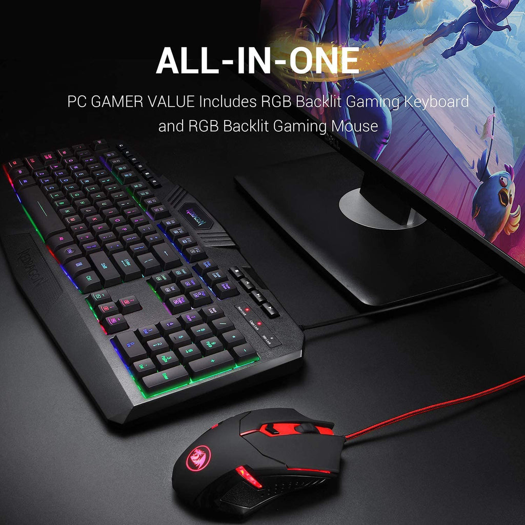 Redragon S101 Wired Gaming Keyboard and Mouse Combo RGB Backlit Gaming Keyboard with Multimedia Keys Wrist Rest and Red Backlit Gaming Mouse 3200 DPI for Windows PC Gamers