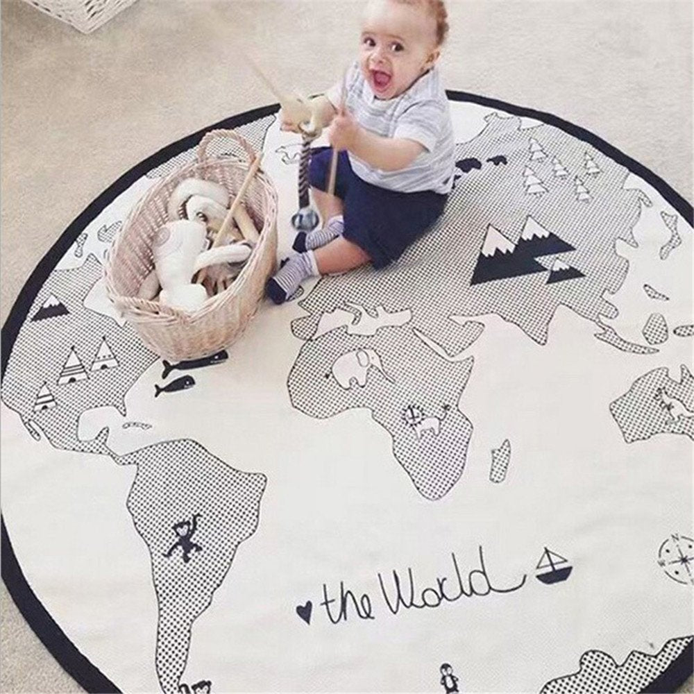 53 Inches Adventure World Map Pattern Baby Crawling Mats Game Blanket Floor Playmats Kids Infant Child Activity Round Rug