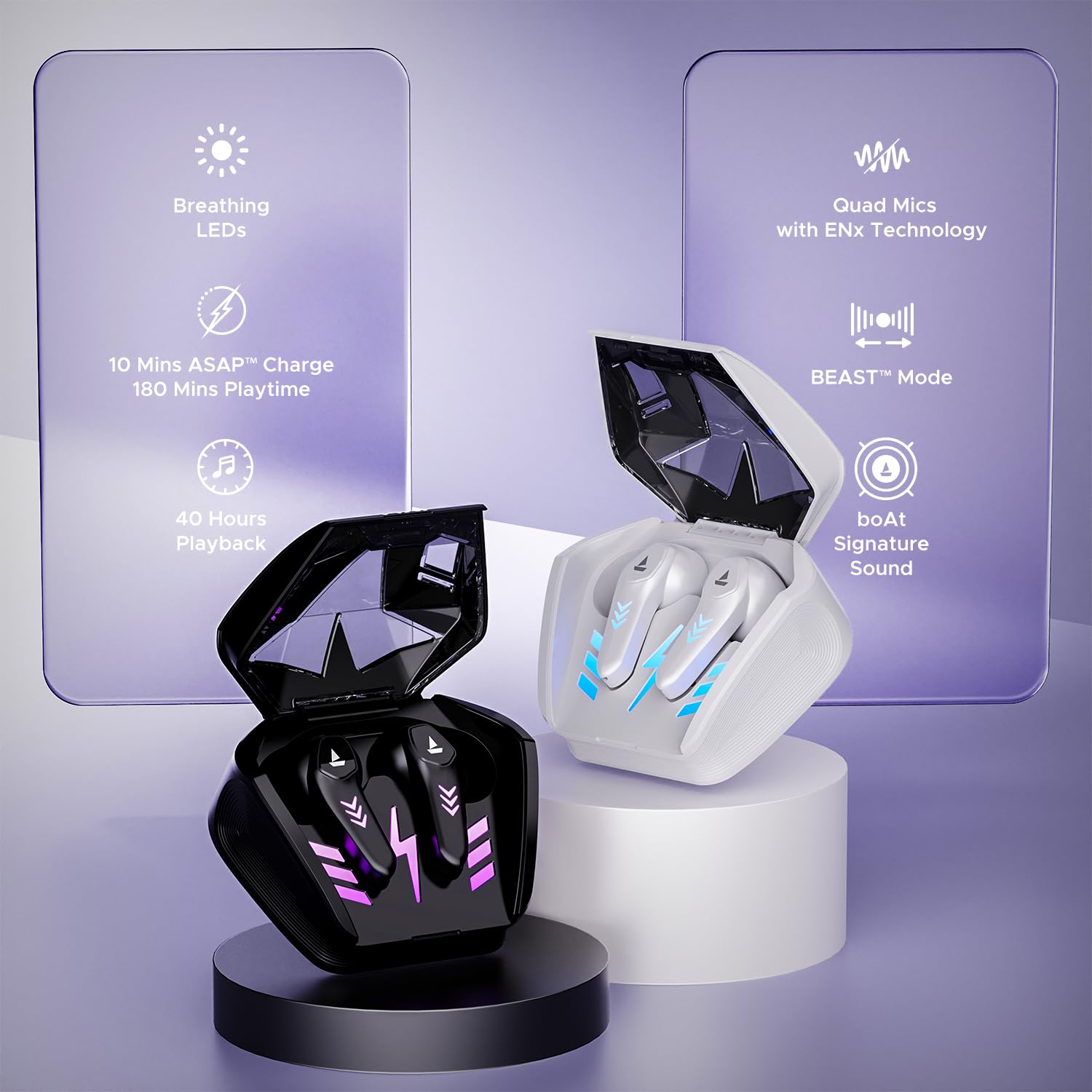 boAt Airdopes 190 True Wireless in Ear Earbuds with Beast Mode(50ms) for Gaming, 40H Playtime, Breathing LEDs, Signature Sound, Quad Mics ENx Tech, ASAP Charge & BT v5.3(White Sabre)