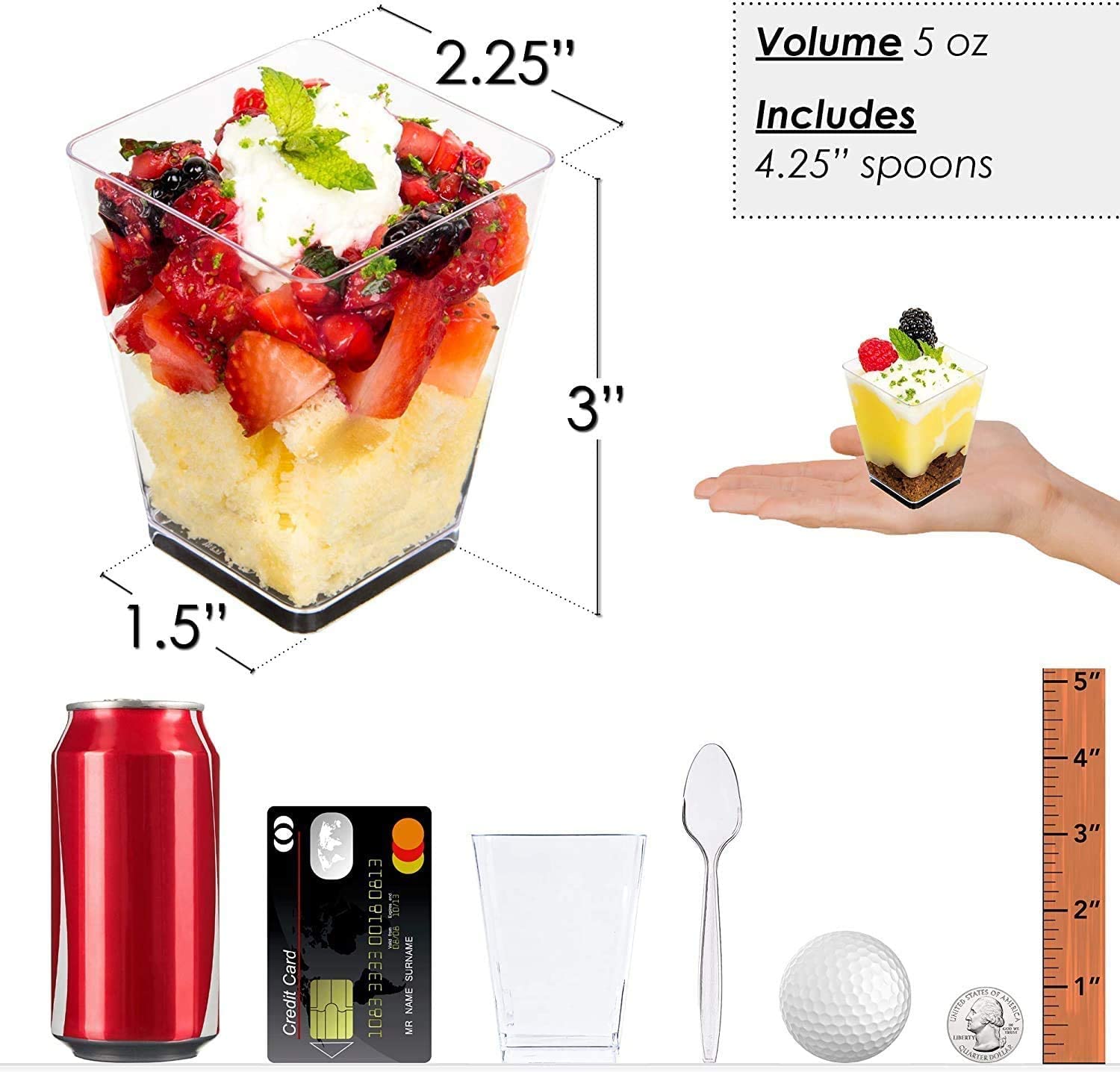 DLux 100 x 5 oz Mini Dessert Cups with Spoons, Square Large - Clear Plastic Parfait Appetizer Cup