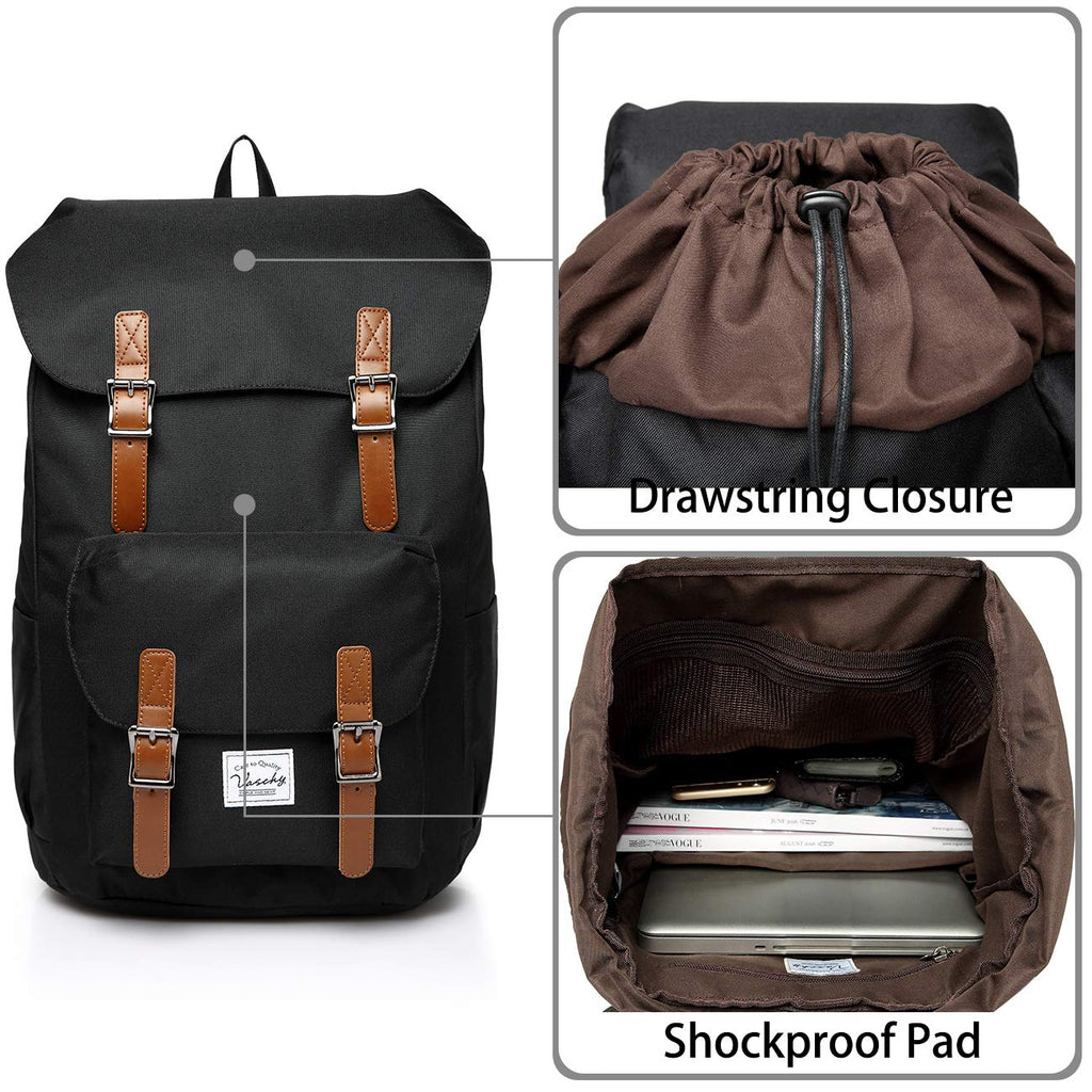 School Backpack,Vaschy Vintage Casual Daypack for Men and Women Lightweight Camping Rucksack Bookbag with15.6in Laptop Sleeve Black
