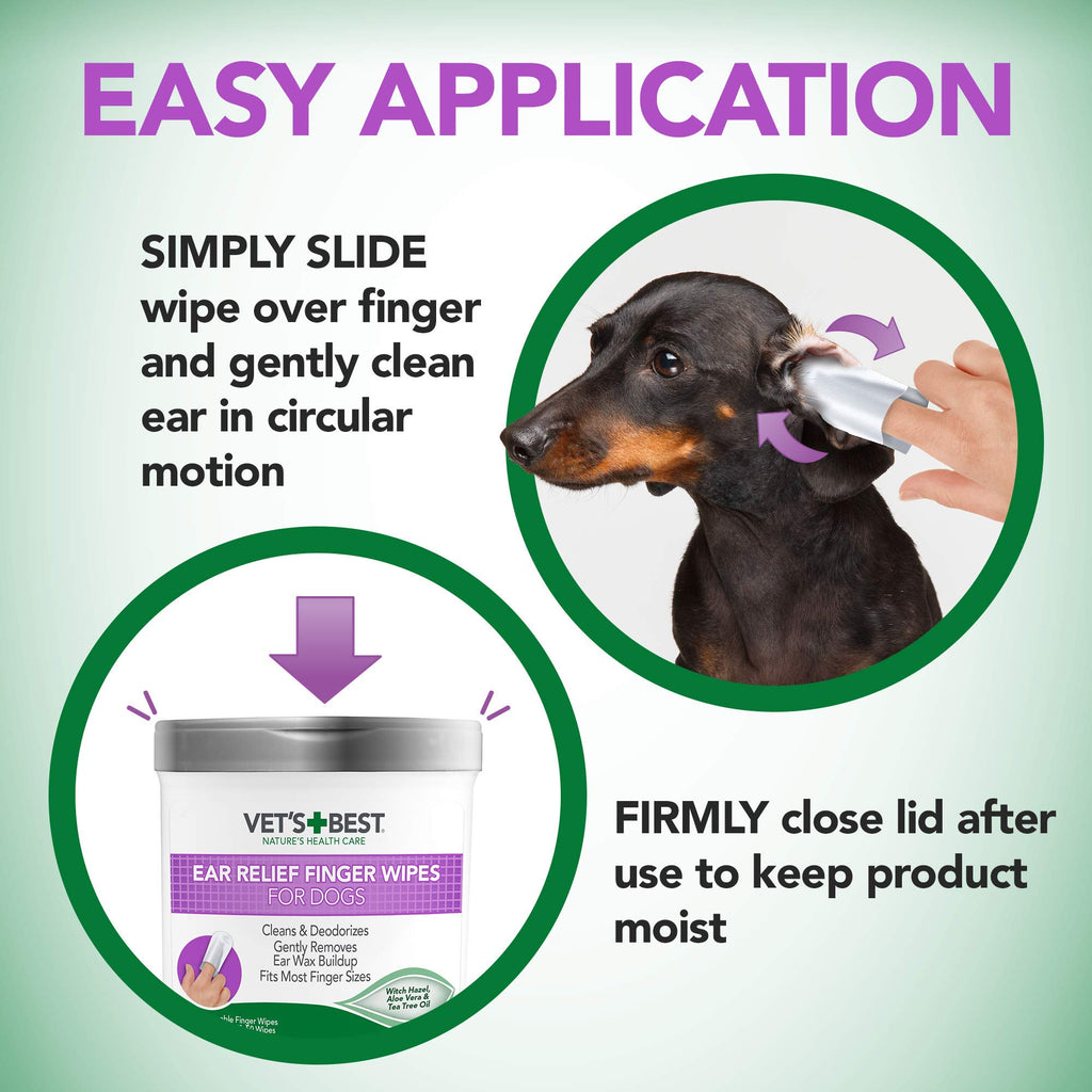 Vet's Best Ear Relief Finger Wipes | Ear Cleansing Finger Wipes for Dogs | Sooths & Deodorizes | 50 Disposable Wipes