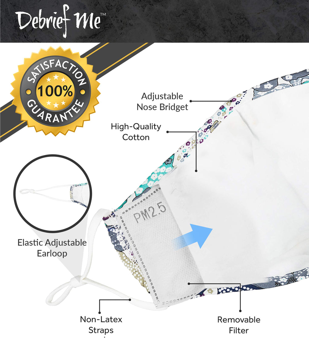 DEBRIEF ME - Reusable Face Masks - Adjustable Face Mask 3ply Cloth Mask -Face Mask w/ (2) USA pm 2.5 Mask Filters