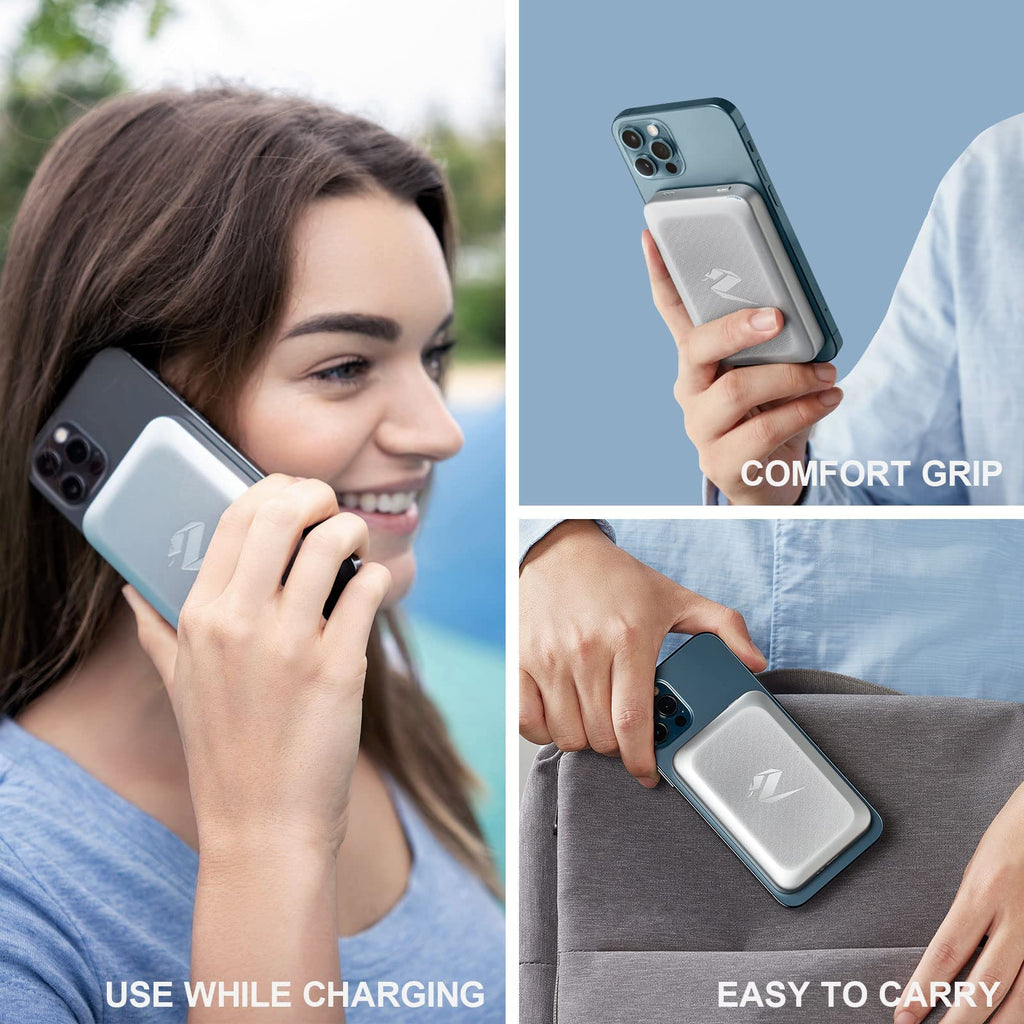 CHONGMANG Magnetic Power Bank, Wireless Portable Charger with USB-C and Lightning Cable, Compatible for iPhone 13, 13 Pro, 13 Pro Max, 13 Mini, iPhone 12, 12 Pro, 12 Pro Max, 12 Mini (Silver)